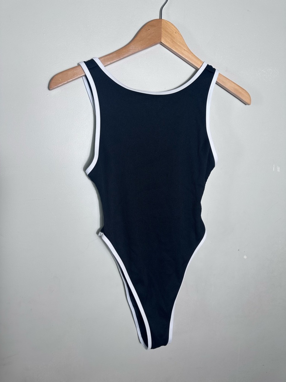 Nasty Gal Black Retro One-Piece Ribbed Swimsuit with White Trim